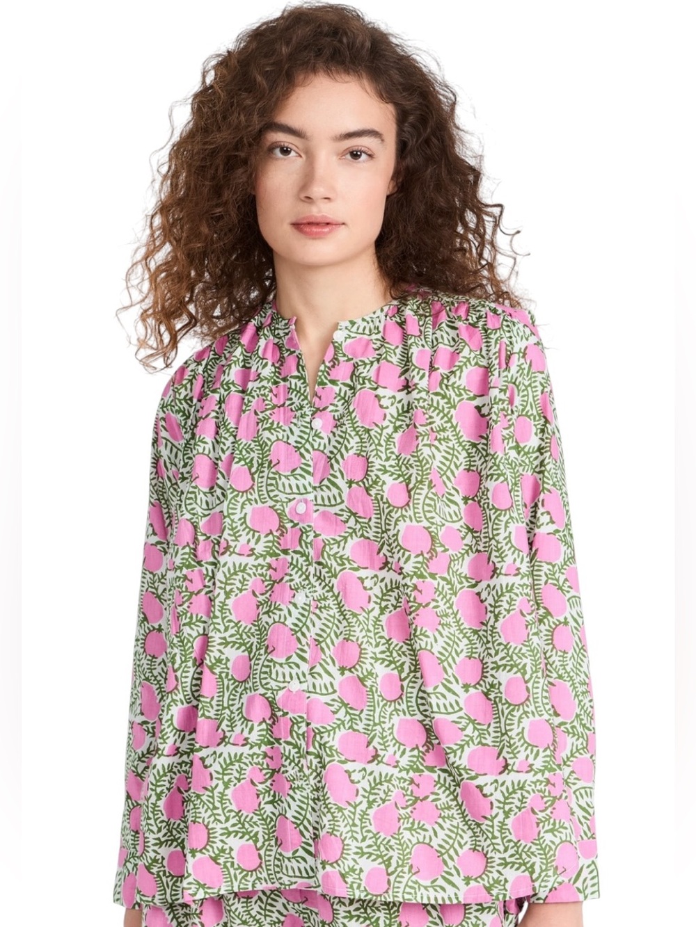 Millie Florian pink white green floral button up long sleeve cotton blouse